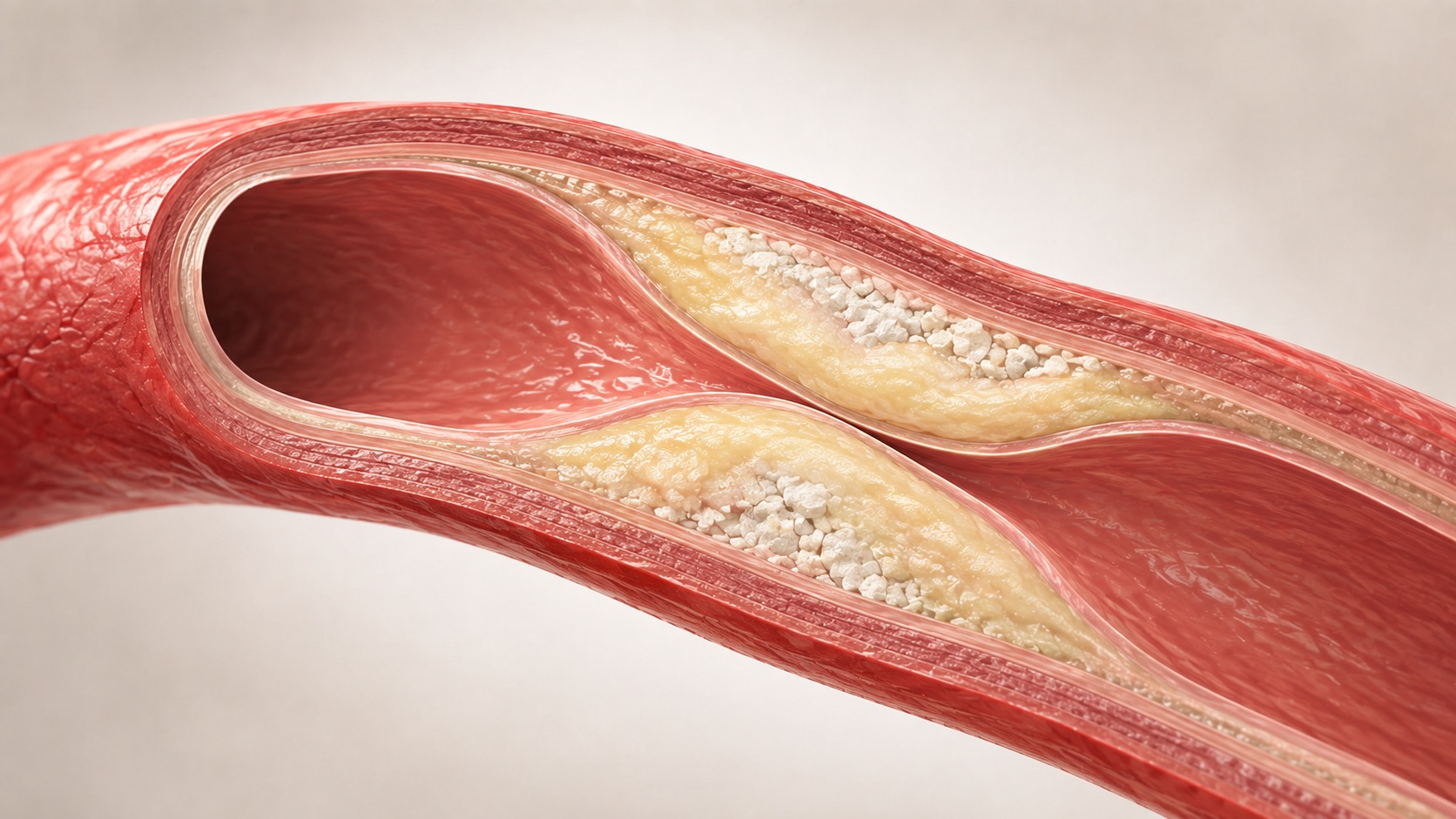 Cutaway illustration of a coronary artery narrowed where plaque restricts the channel