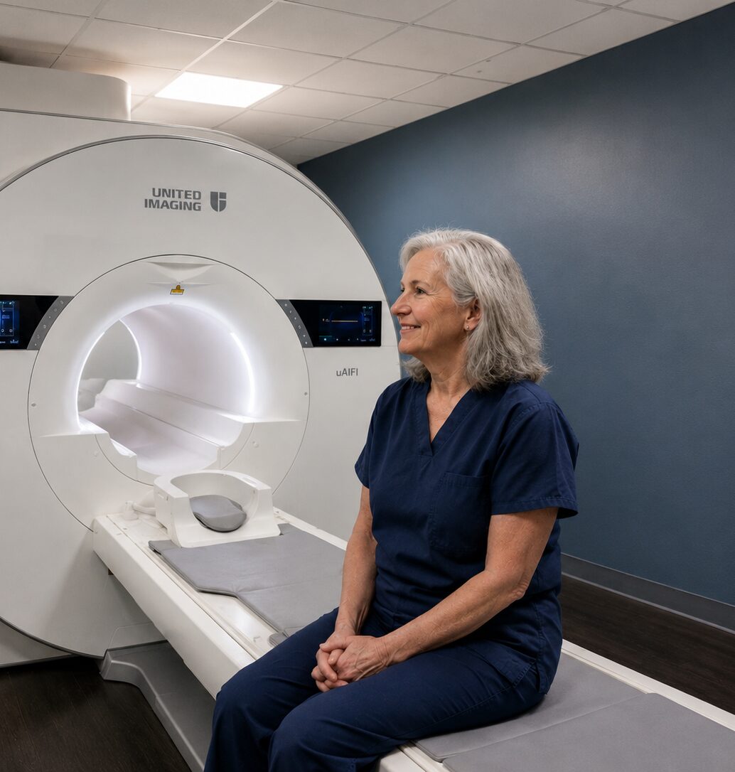 An elderly patient seated beside the 3T wide-bore MRI at Integrated Imaging