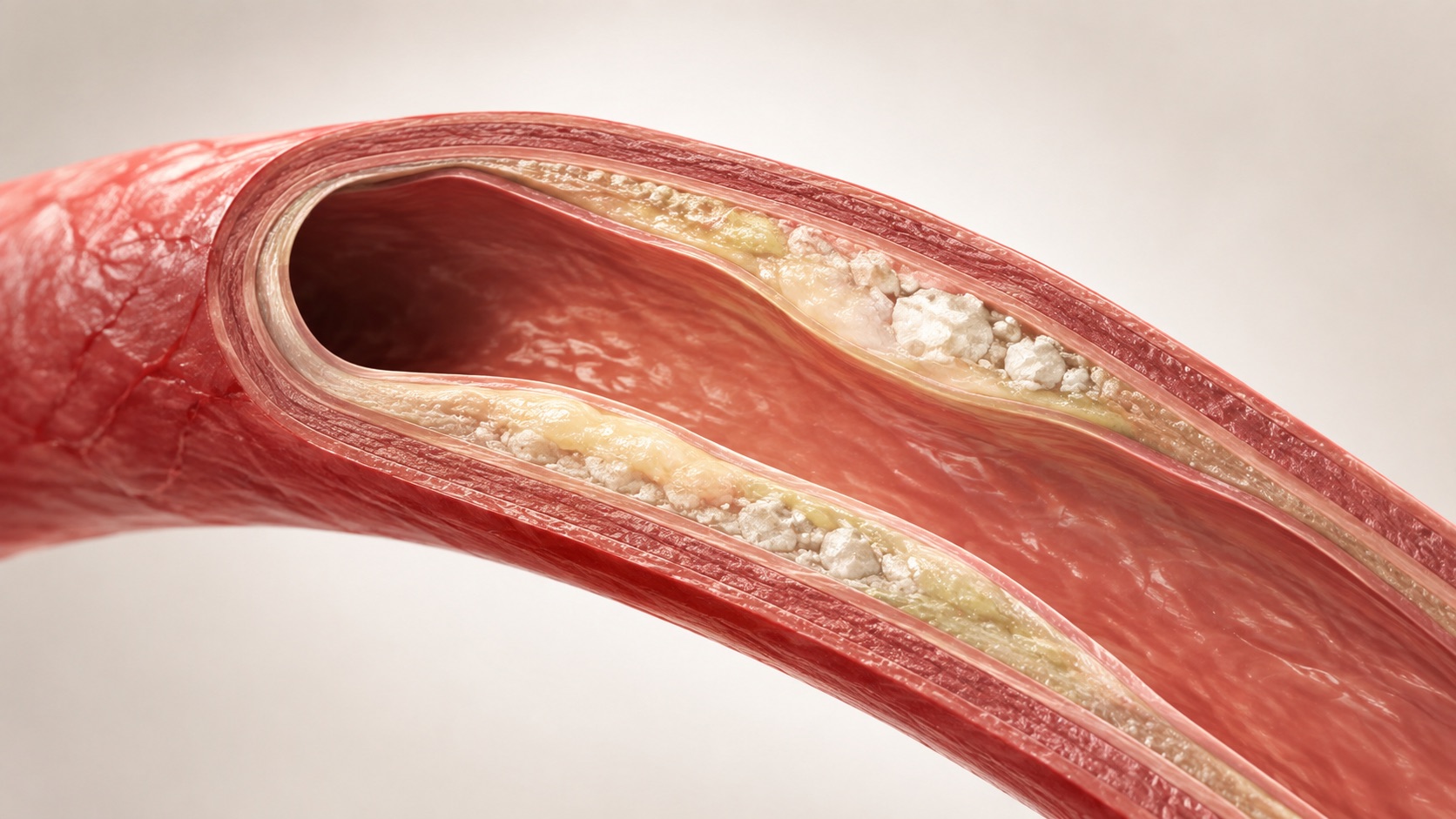 Cutaway illustration of a coronary artery with calcified and non-calcified plaque inside the vessel wall